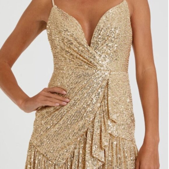Mac Douggal Gold Sequined Faux Wrap Ruffled Hem Mini  Cocktail dress Sz 8 #10 - Picture 5 of 11